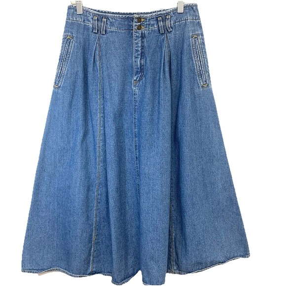 lizwear Dresses & Skirts - LizWear Vintage Midi Denim Skirt Front Pleats Pockets 100% Cotton Full Sz 12P